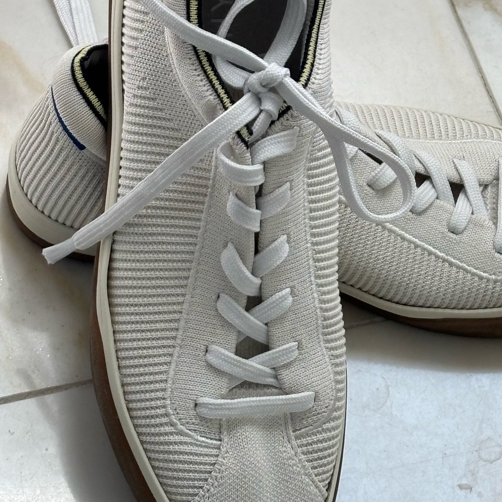 Rothy's Cream Knit Lace-Up Sneakers with Gum-Style Sole and Navy Accent